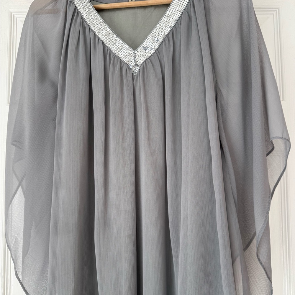 Elegant Gray Sheer Blouse with Silver Trim
